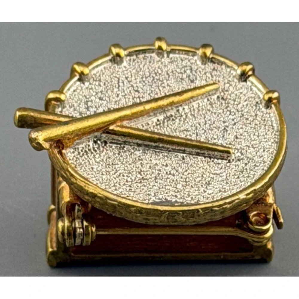 Vintage Drum Brooch Blue Enamel Clear Rhinestones Gold Tone Figural HS Band 7/8